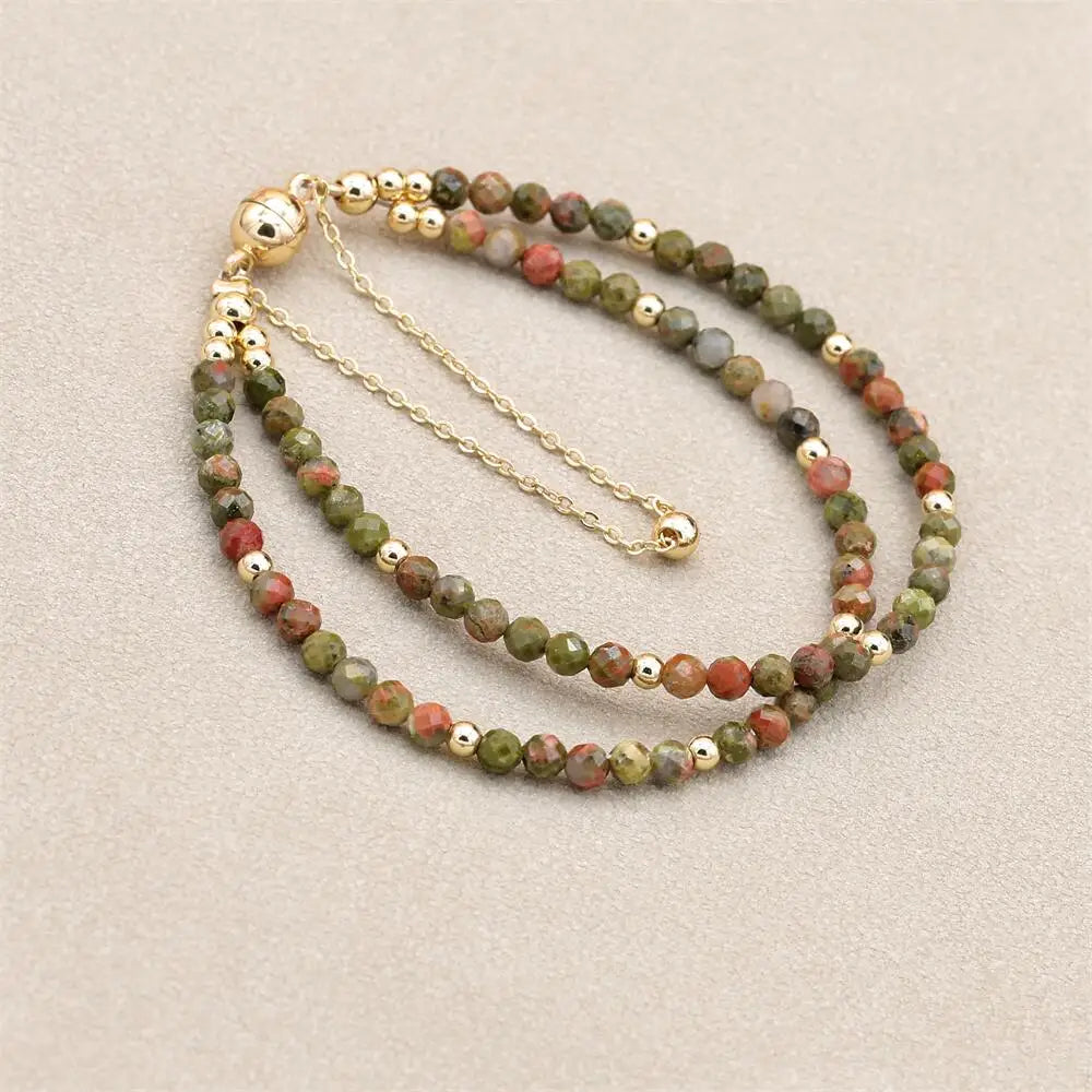 Handmade 3mm Faceted Unakite Double-Layer Bracelet with Easy Magnetic Clasp