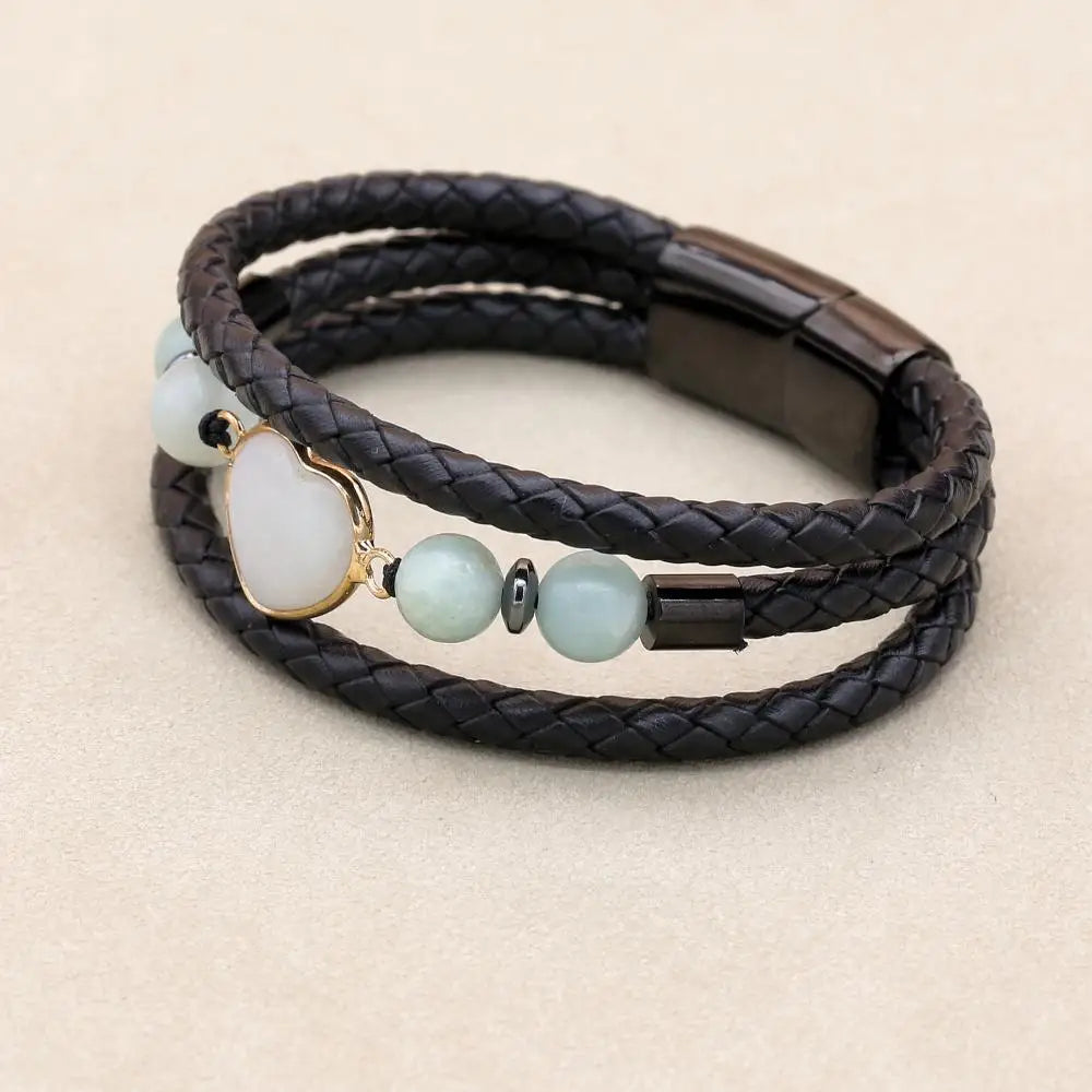 8mm Heart Amazonite Hematite Multilayer Leather Bracelet for Unisex