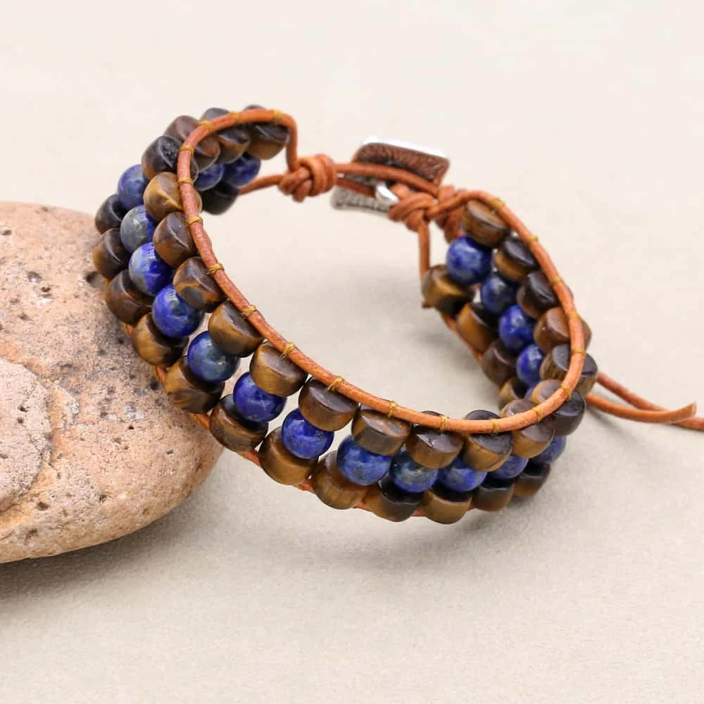 Wisdom and Courage: Lapis Lazuli Tiger's Eye Woven Leather Bracelet
