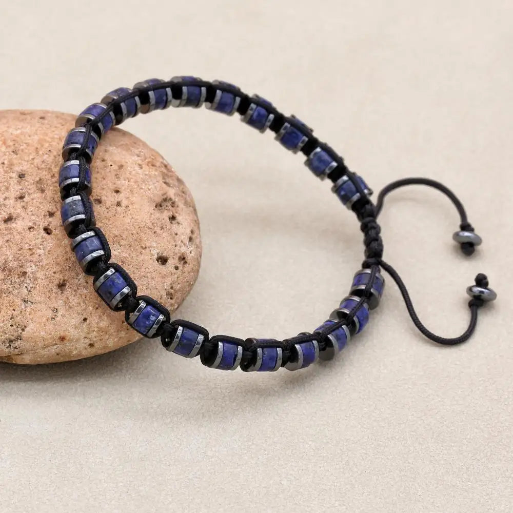 Unisex Lapis Lazuli and Hematite Disc Braided Bracelet