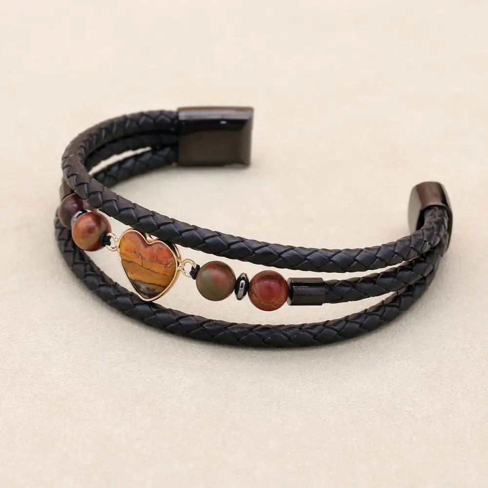 8mm Heart Picasso Stone & Hematite Multilayer Leather Bracelet