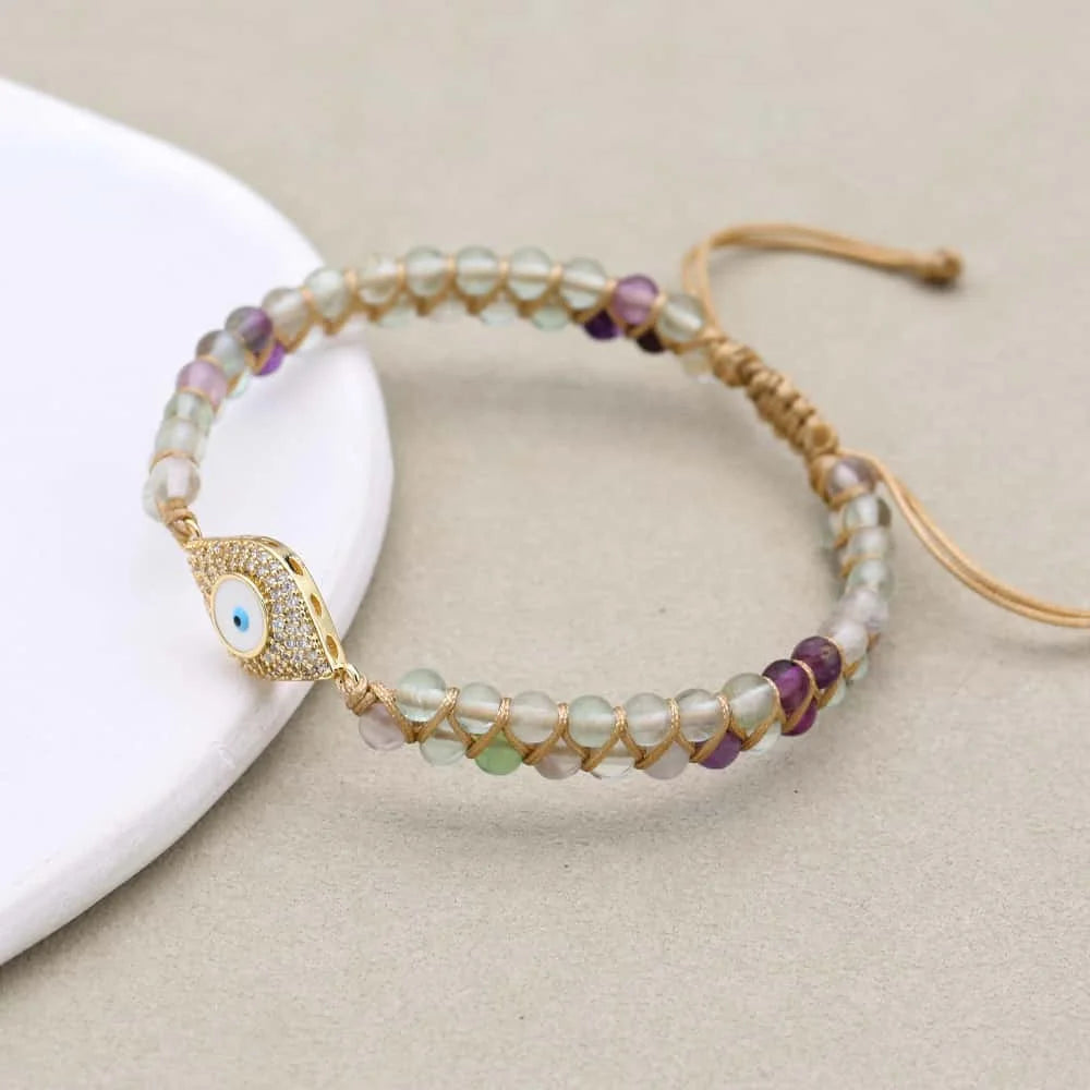 White Evil Eye Rainbow Fluorite Bracelet: Purity & Mind Clarity Talisman