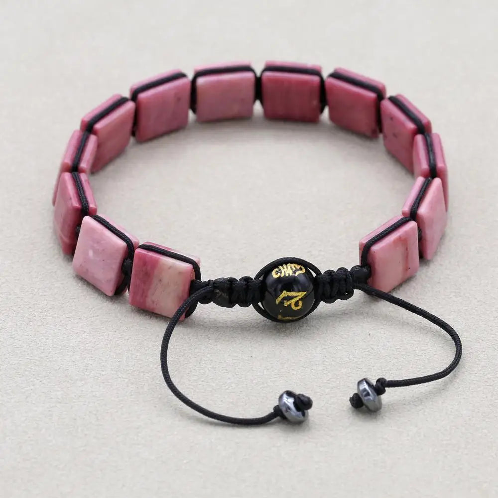 Handmade 10mm Square Rhodonite Beaded Braided Bracelet with Six-Sword Mantra Agate Adjustable