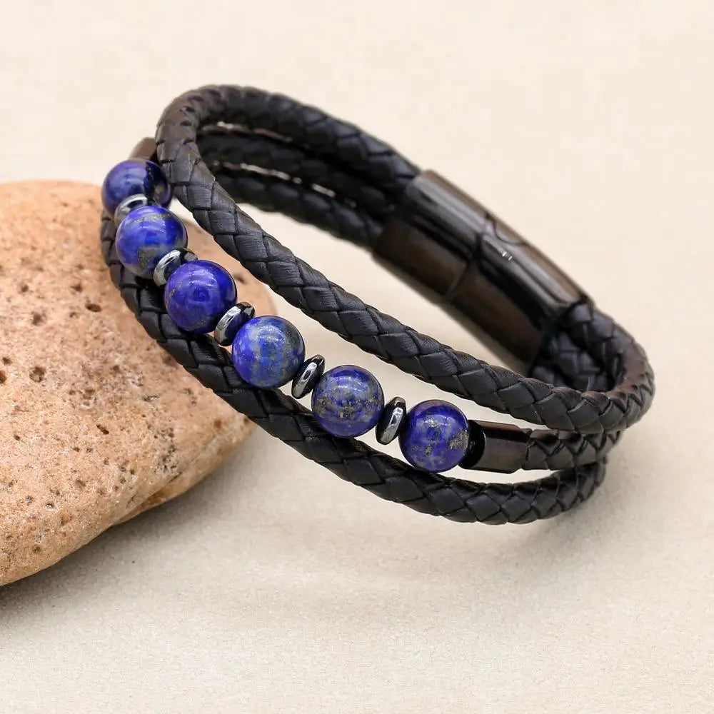 8mm Lapis Lazuli Hematite Multilayer Leather Bracelet for Unisex