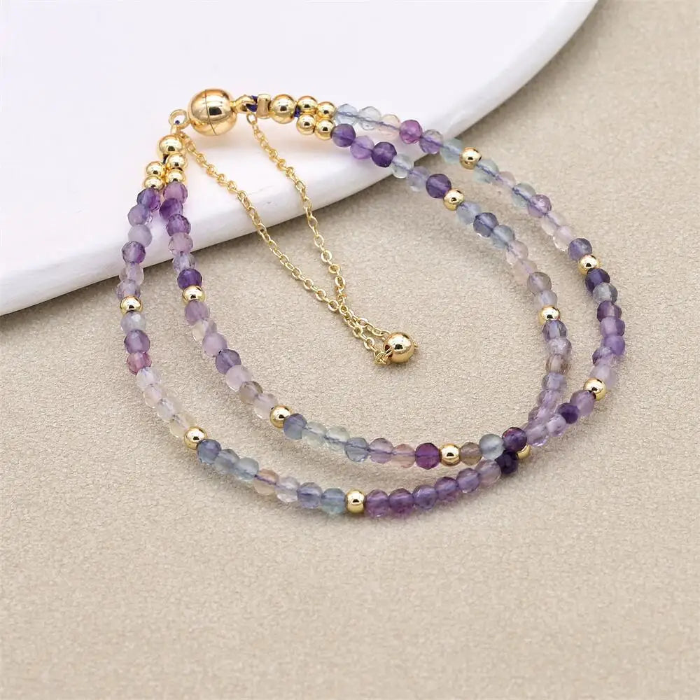 Handmade 3mm Faceted Rainbow Fluorite Double-Layer Bracelet with Magnetic Clasp