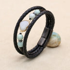 8mm Heart Amazonite Hematite Multilayer Leather Bracelet for Unisex