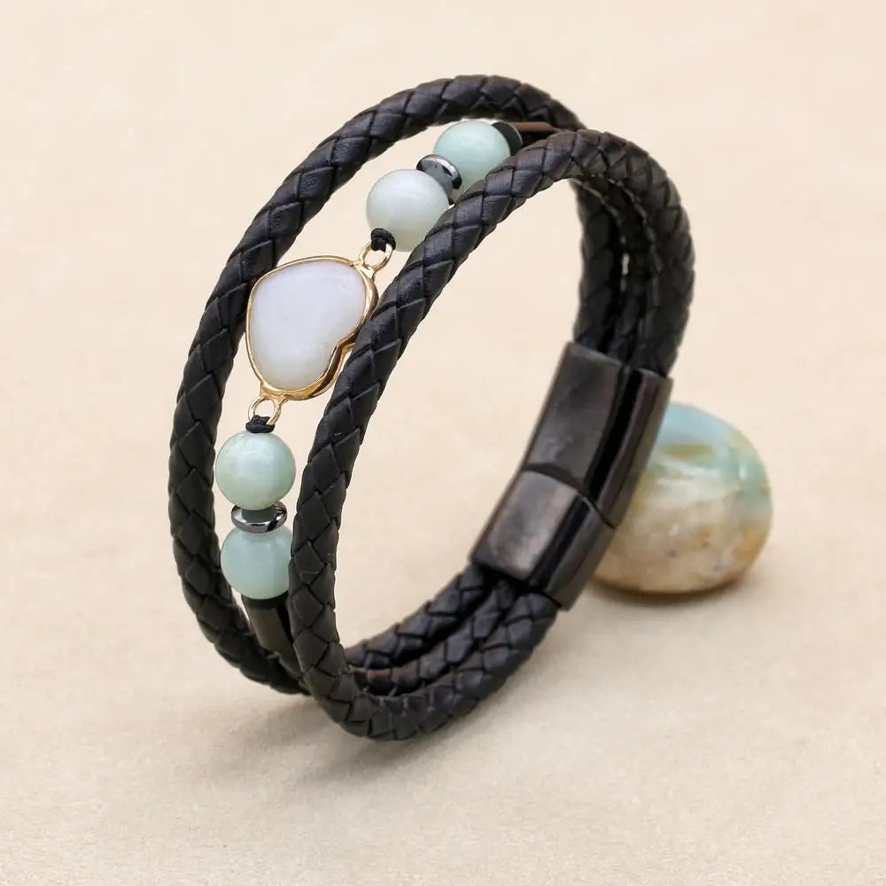 8mm Heart Amazonite Hematite Multilayer Leather Bracelet for Unisex