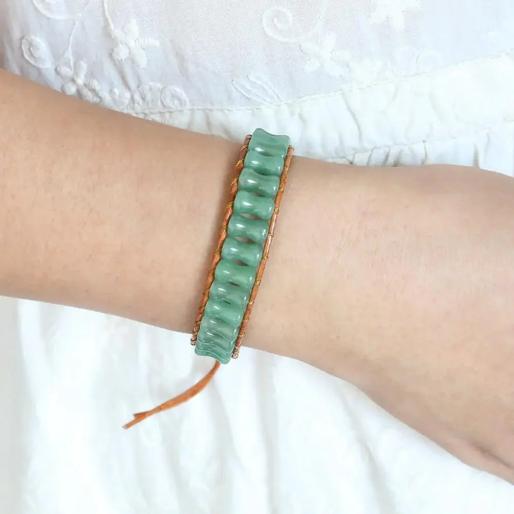 Prosperity and Luck Green Aventurine Bamboo Joint Leather Wrap Bracelet