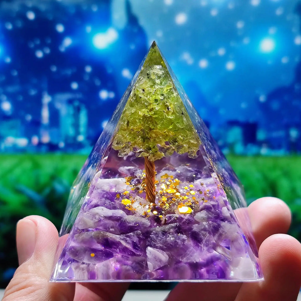Prosperity and Wisdom Crystal Tree of Life Orgone Pyramid with Wooden Base