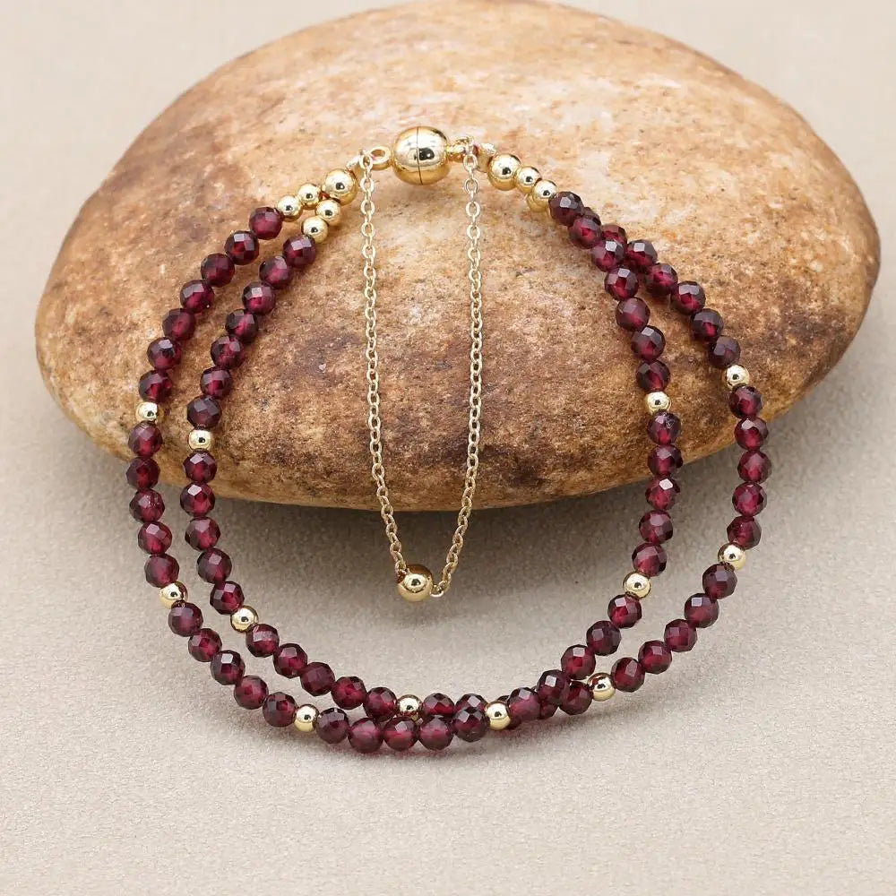 Handmade 3mm Faceted Garnet Double-Layer Bracelet with Magnetic Clasp