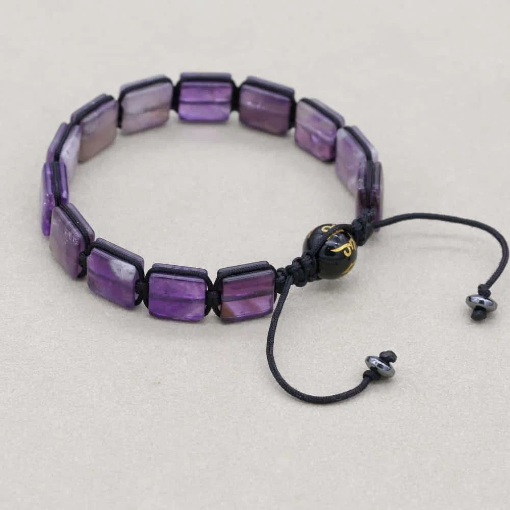 Handmade 10mm Square Amethyst Braided Bracelet Unisex Spiritual Mantra Jewelry