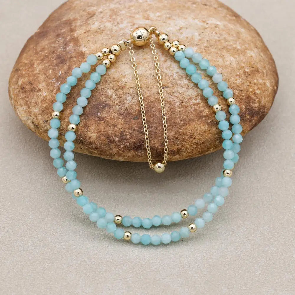 Handmade 3mm Faceted Amazonite Double-Layer Bracelet with Magnetic Clasp
