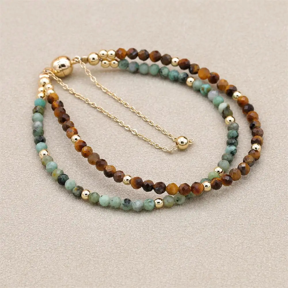 Handmade 3mm Faceted African Turquoise & Tiger Eye Double-Layer Bracelet with Magnetic Clasp
