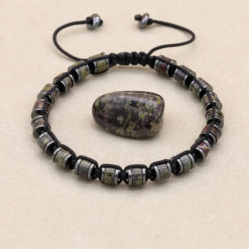 Dragon Blood Stone and Hematite Disc Braided Bracelet