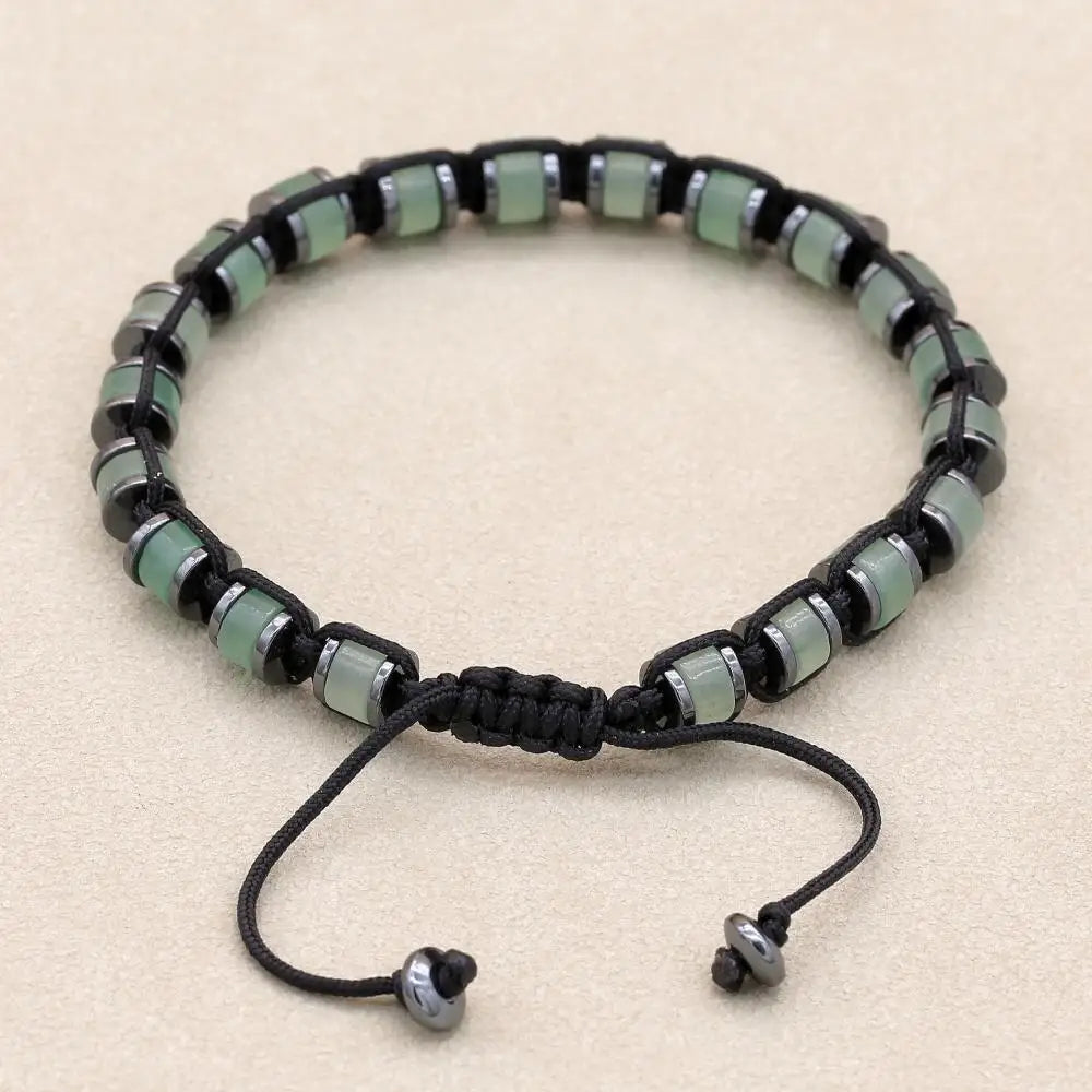 Green Aventurine & Hematite Disc Braided Bracelet | Unisex Adjustable