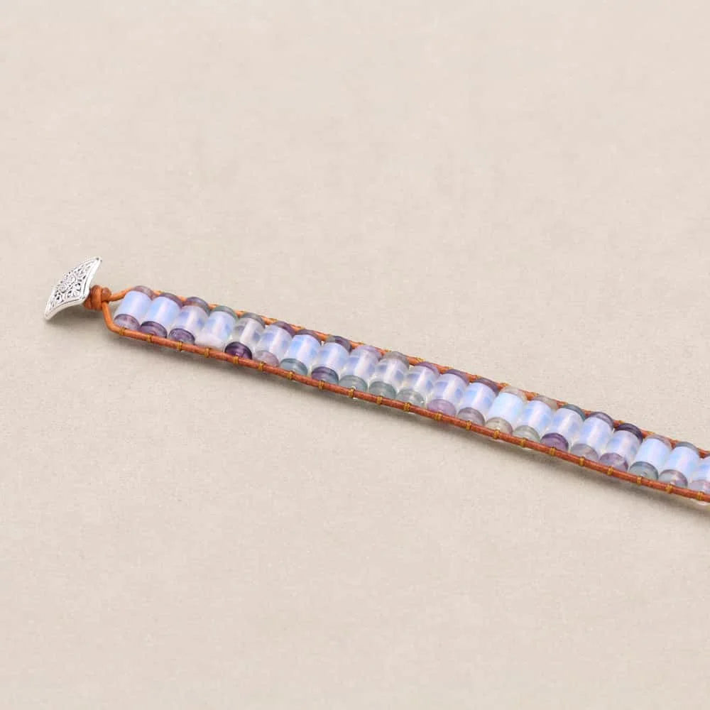 Serenity and Inspiration: Opalite Cylinder Fluorite Woven Leather Bracelet