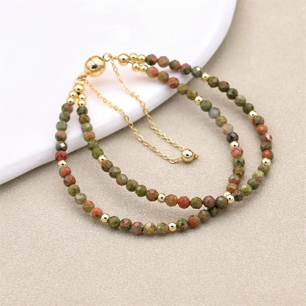 Handmade 3mm Faceted Unakite Double-Layer Bracelet with Easy Magnetic Clasp