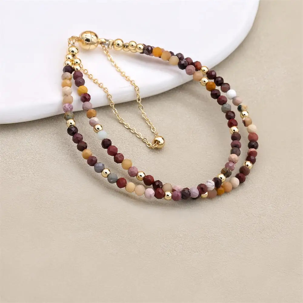 Handmade 3mm Faceted Mookaite Jasper Double-Layer Bracelet with Magnetic Clasp