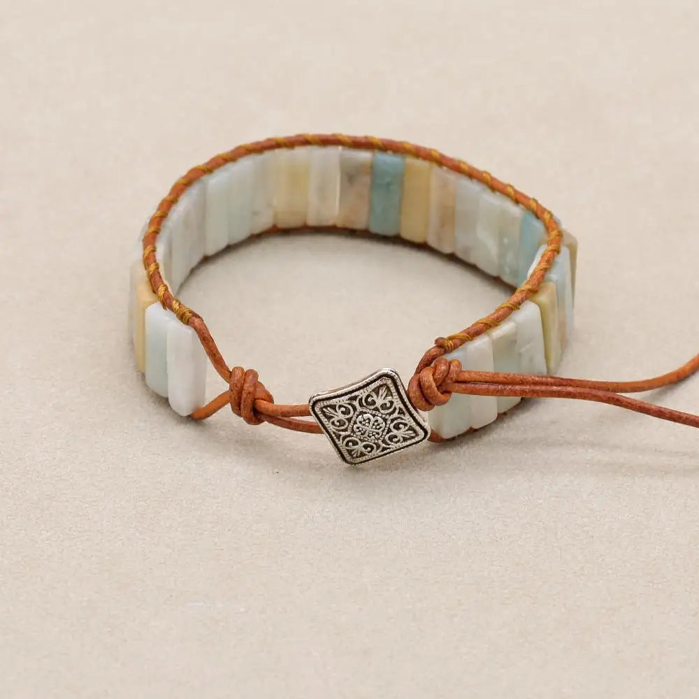 Unisex Amazonite Leather Boho Bracelet | Braided Adjustable Jewelry