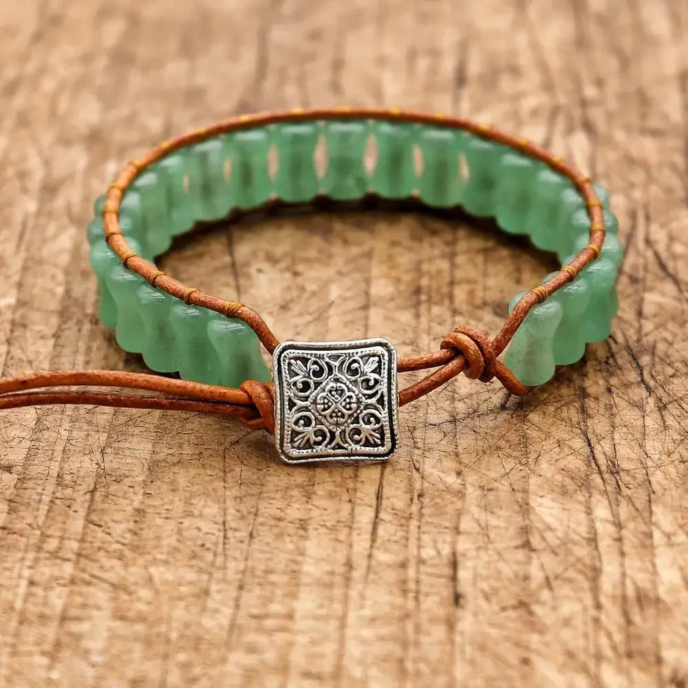 Prosperity and Luck Green Aventurine Bamboo Joint Leather Wrap Bracelet