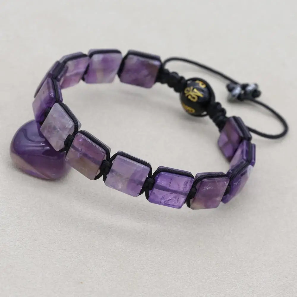 Handmade 10mm Square Amethyst Braided Bracelet Unisex Spiritual Mantra Jewelry