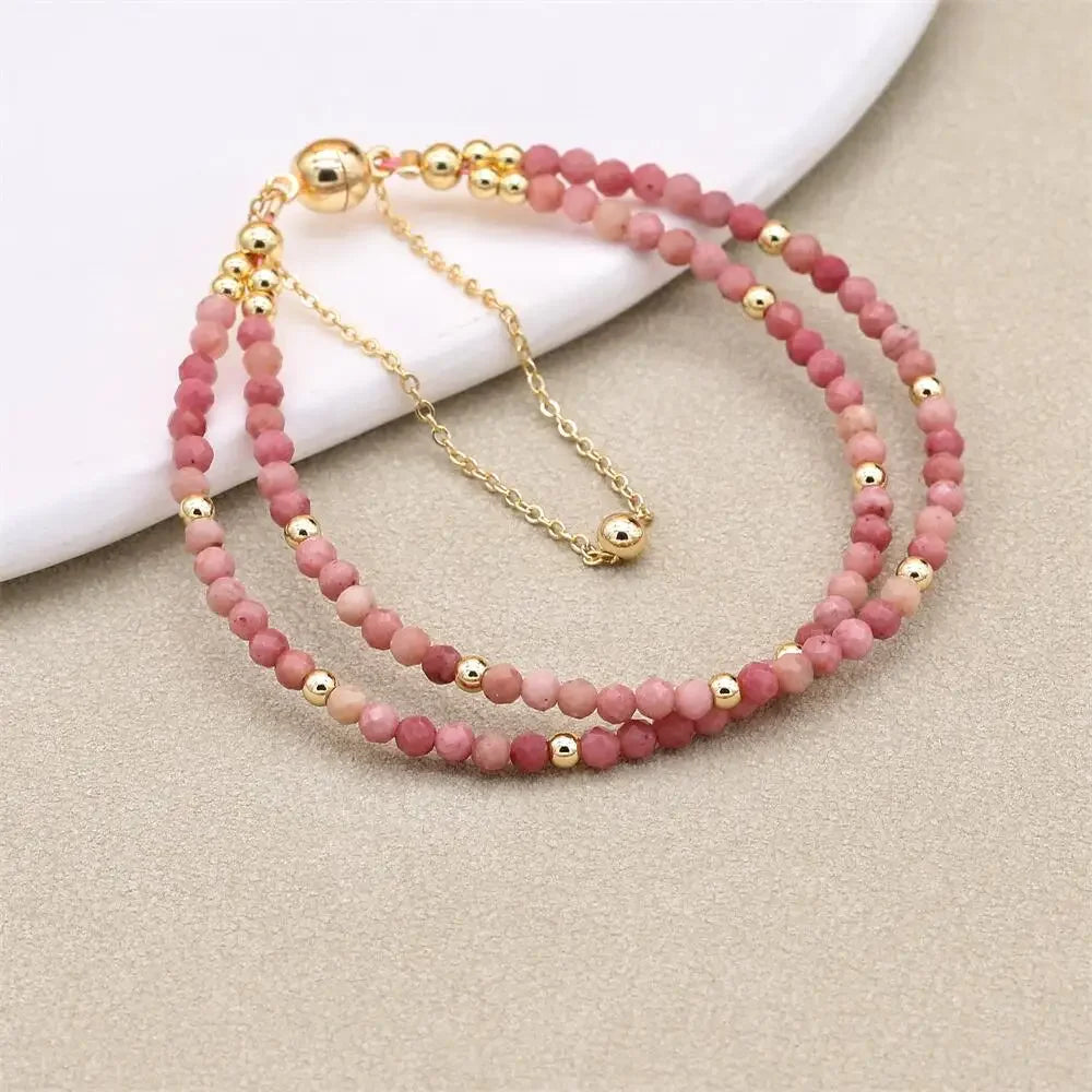 Handmade 3mm Faceted Rhodonite Double-Layer Bracelet with Magnetic Clasp