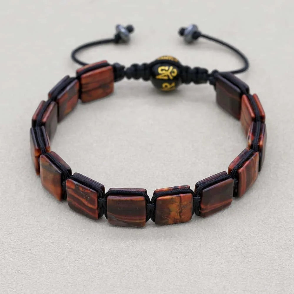 Red Tiger Eye Square Bead Braided Bracelet with Six-Word Mantra Agate