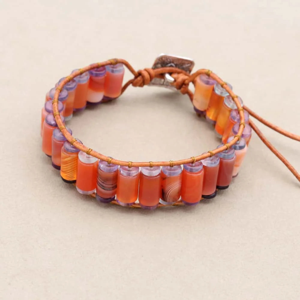 Vitality and Clarity: Red Agate Tube Fluorite Woven Leather Bracelet
