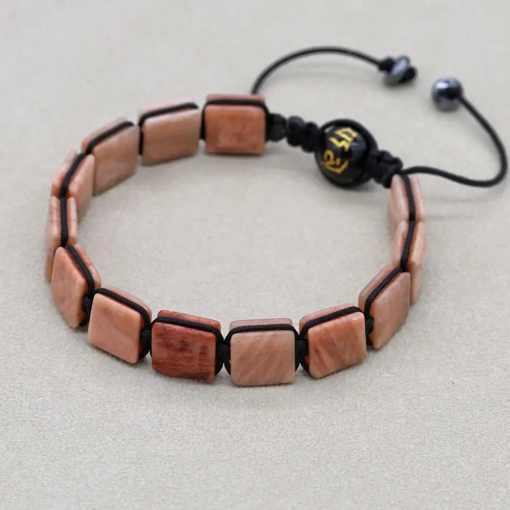 Unisex 10mm Square Sunstone Braided Bracelet with Mantra Agate
