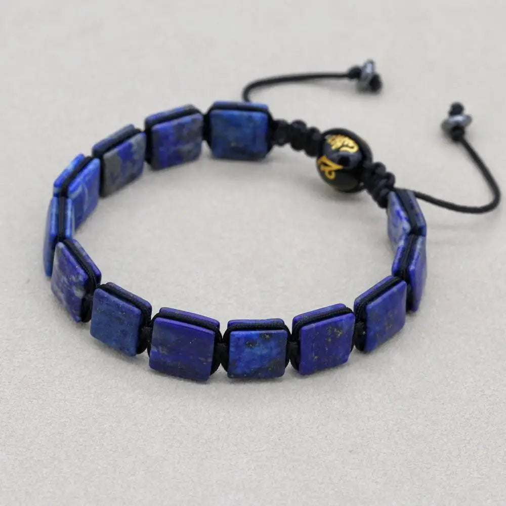 Unisex 10mm Square Lapis Lazuli Braided Bracelet with Mantra Agate