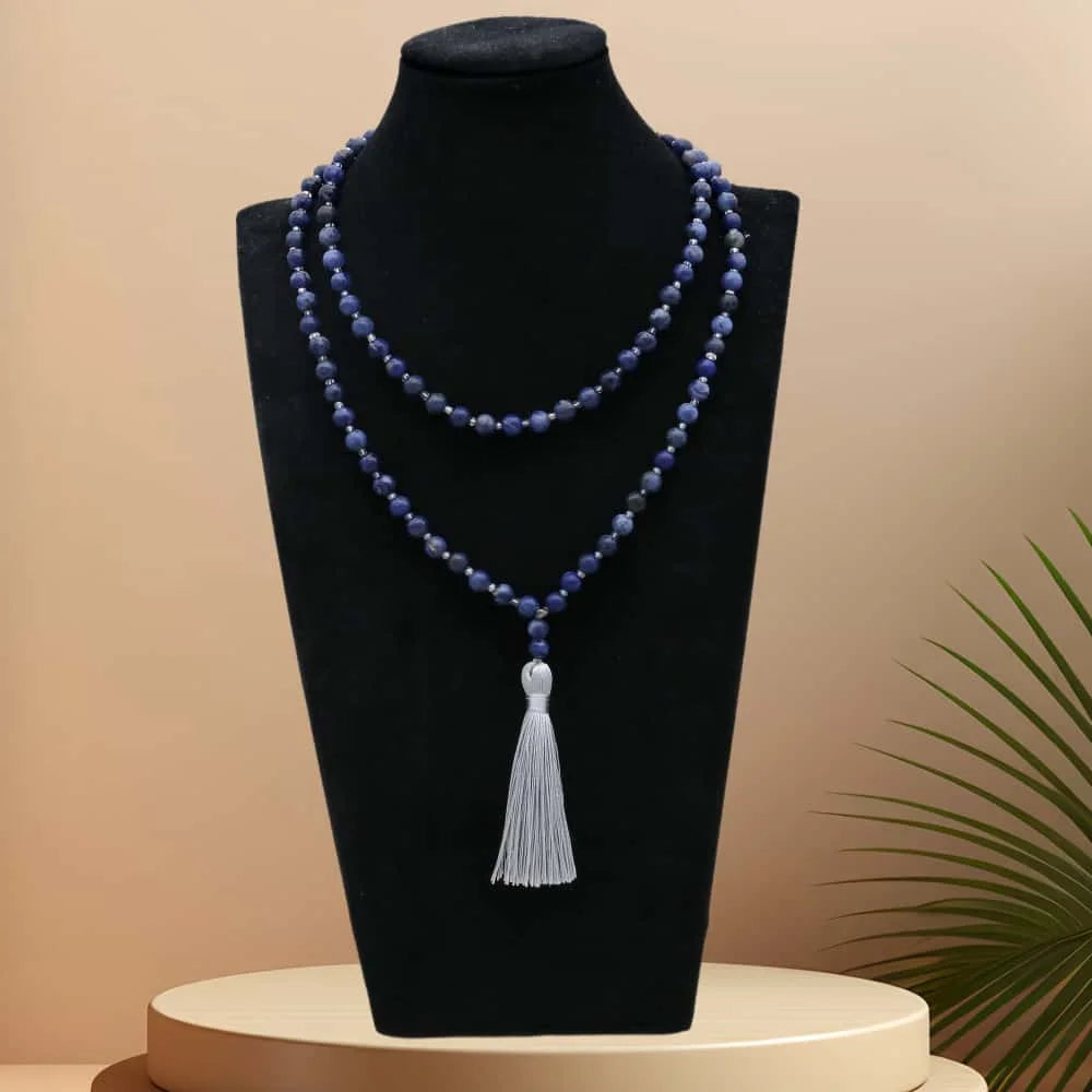 Inner Calm and Clarity 108 Sodalite Natural Stone Mala Tassel Necklace