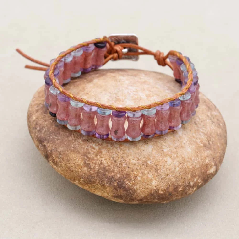 Love and Clarity: Strawberry Quartz Fluorite Boho Leather Wrap Bracelet