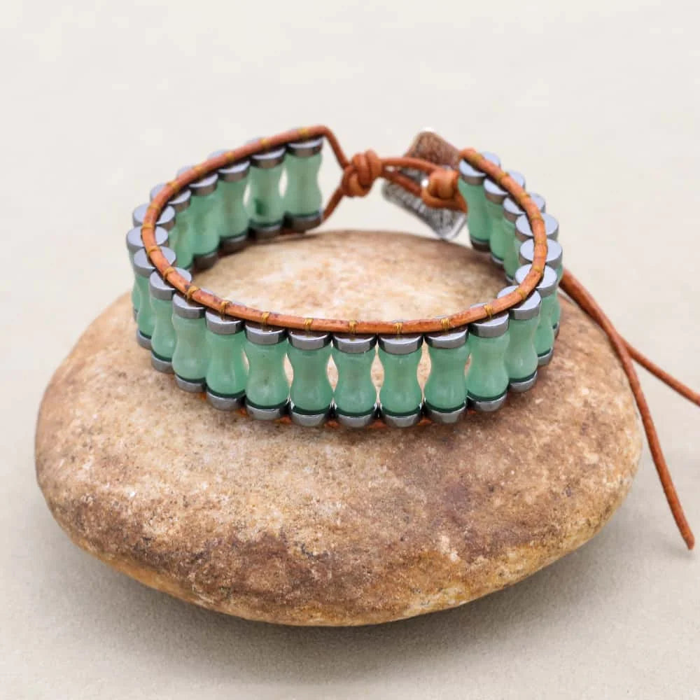 Prosperity and Growth Green Aventurine Bamboo Joint Leather Wrap Bracelet