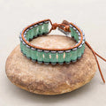 Prosperity and Growth Green Aventurine Bamboo Joint Leather Wrap Bracelet