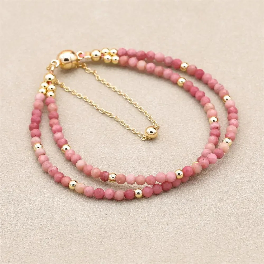 Handmade 3mm Faceted Rhodonite Double-Layer Bracelet with Magnetic Clasp