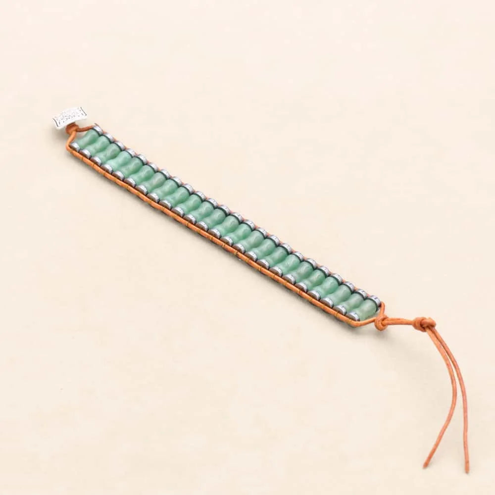 Prosperity and Growth Green Aventurine Bamboo Joint Leather Wrap Bracelet
