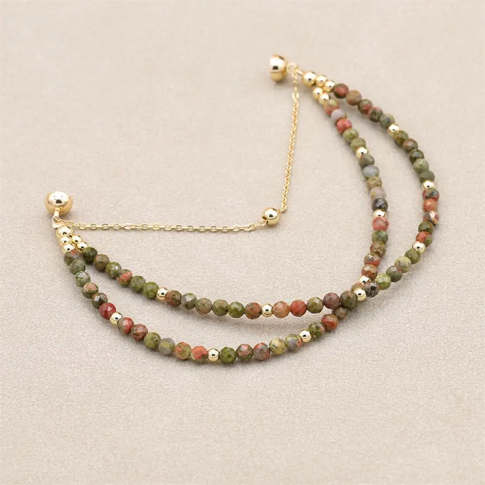 Handmade 3mm Faceted Unakite Double-Layer Bracelet with Easy Magnetic Clasp