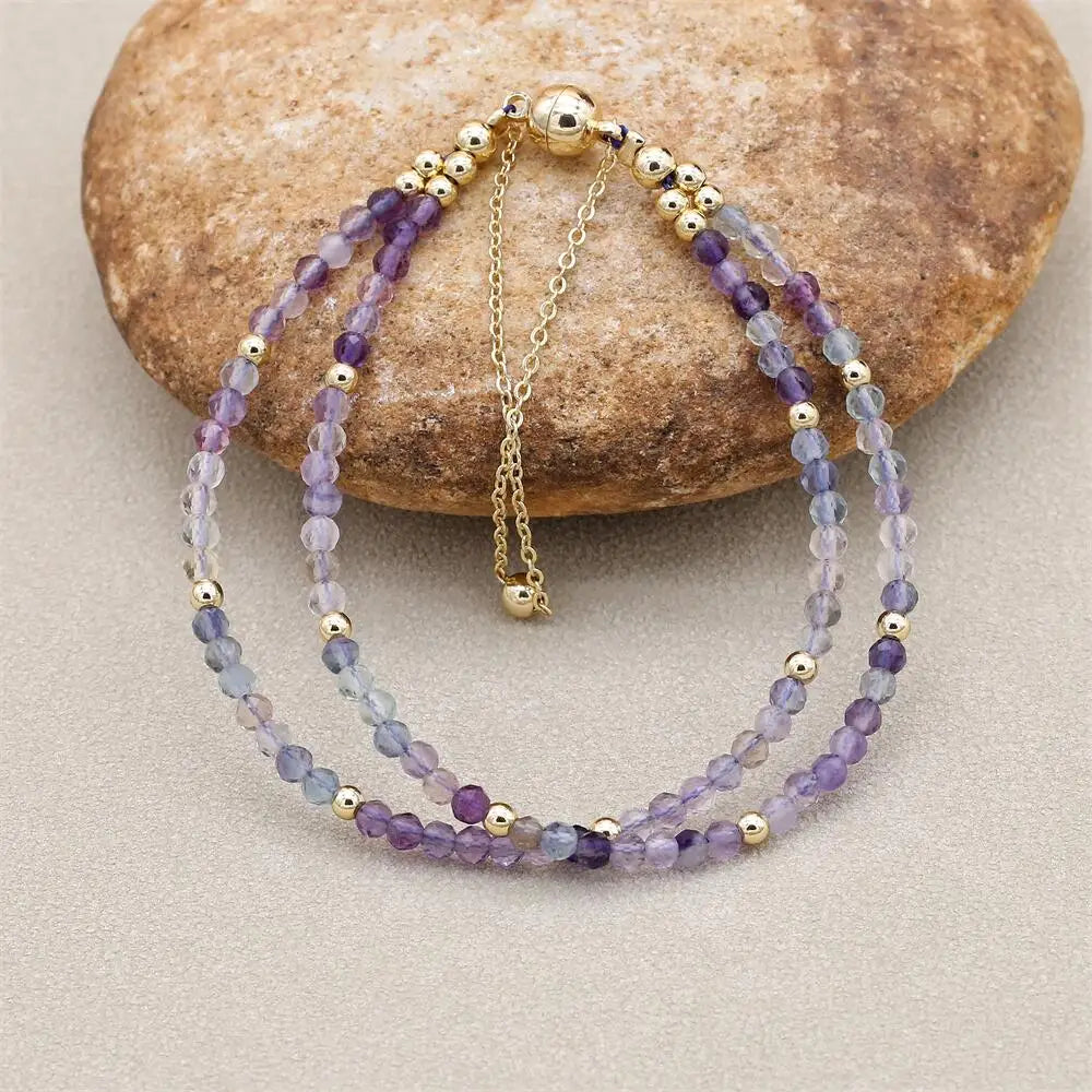 Handmade 3mm Faceted Rainbow Fluorite Double-Layer Bracelet with Magnetic Clasp