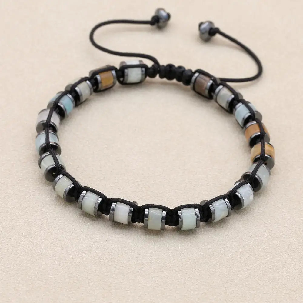 Unisex Amazonite & Hematite Disc Braided Bracelet | Adjustable