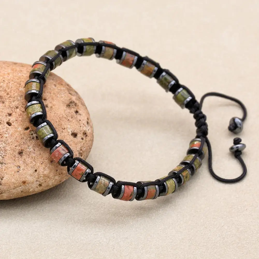 Unisex Unakite and Hematite Disc Braided Bracelet