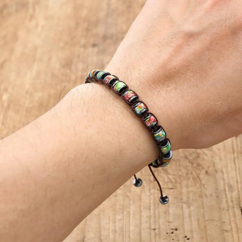 Unisex Colorful Sea Sediment Jasper and Hematite Disc Braided Bracelet