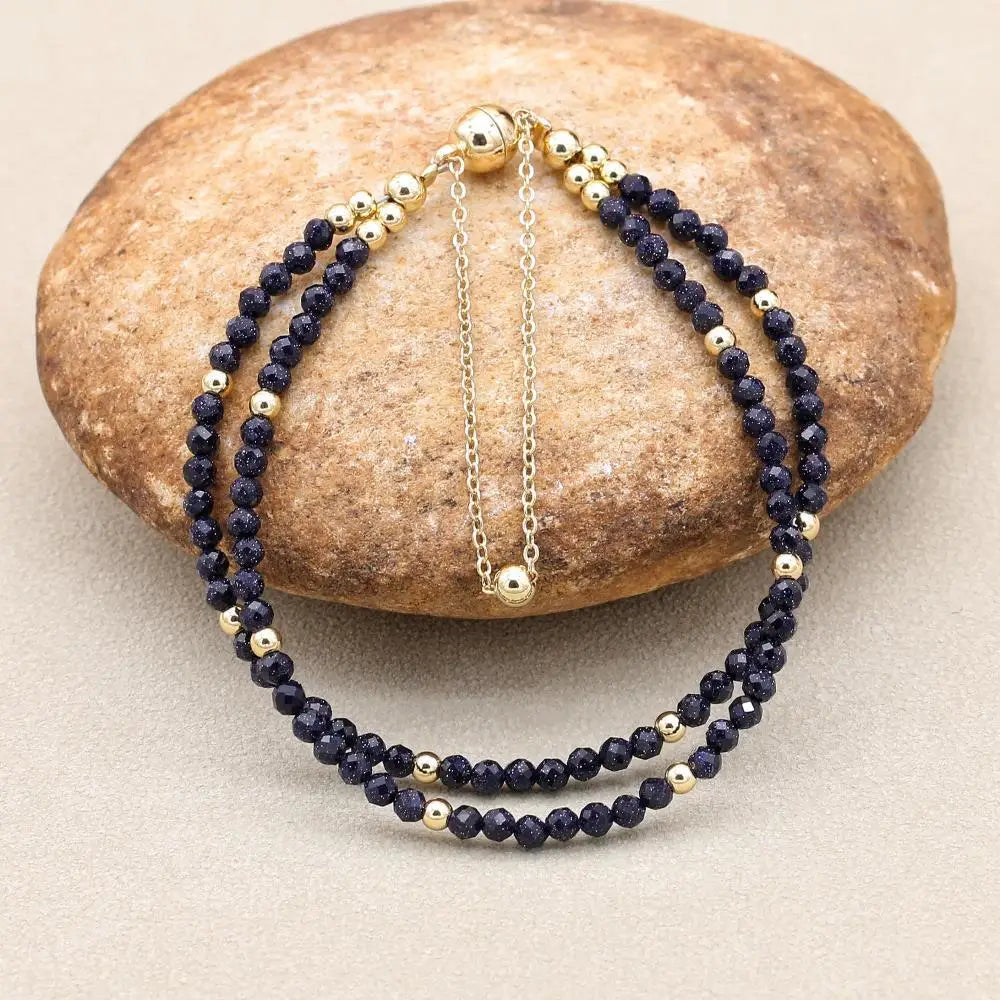 Handmade 3mm Faceted Blue Sandstone Double-Layer Bracelet with Magnetic Clasp