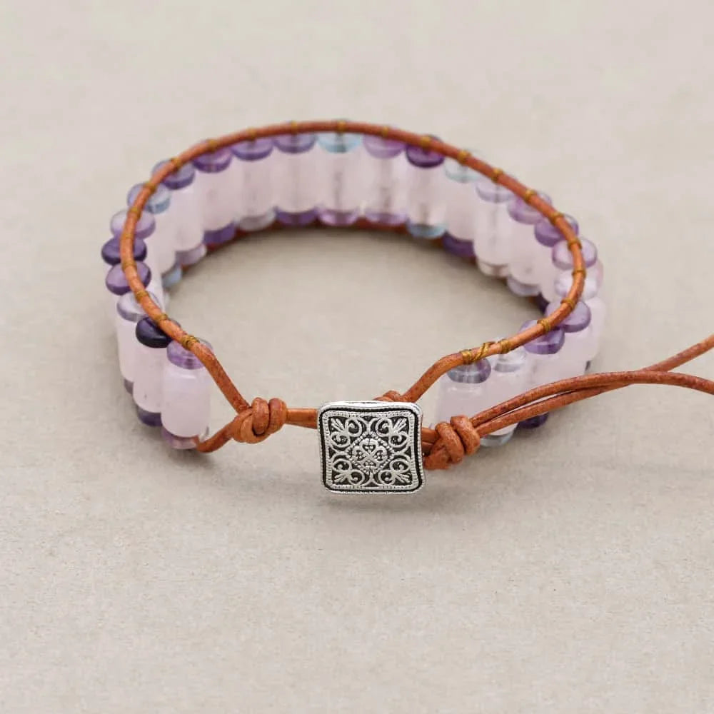 Handmade Rose Quartz & Fluorite Gemstone Leather Wrap Bracelet