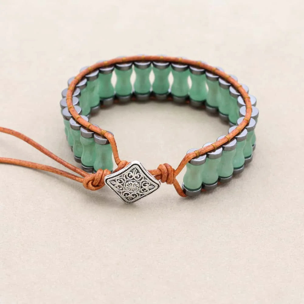 Prosperity and Growth Green Aventurine Bamboo Joint Leather Wrap Bracelet