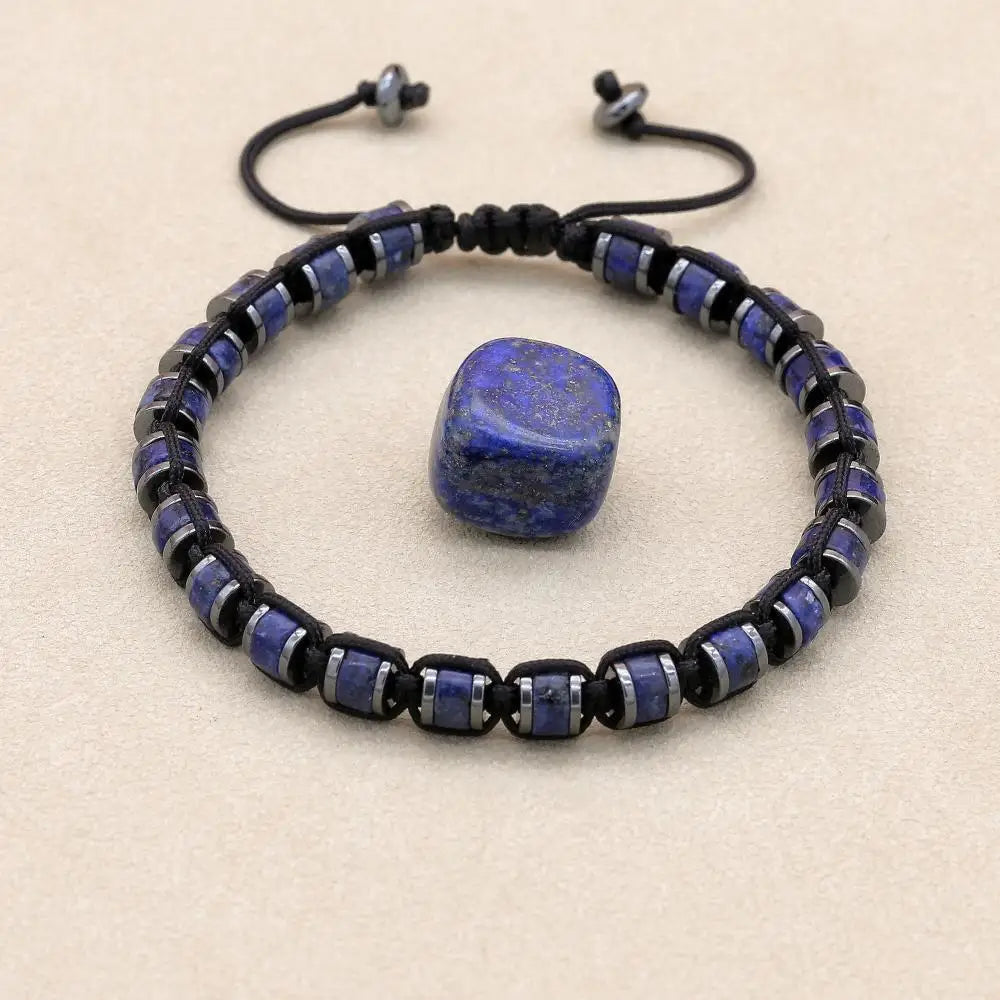 Unisex Lapis Lazuli and Hematite Disc Braided Bracelet