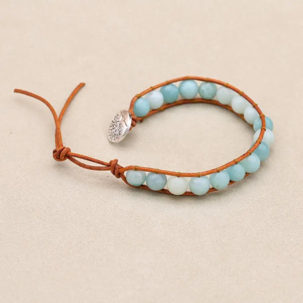 Unisex 8mm Amazonite Leather Boho Bracelet | Adjustable Braided Wrap