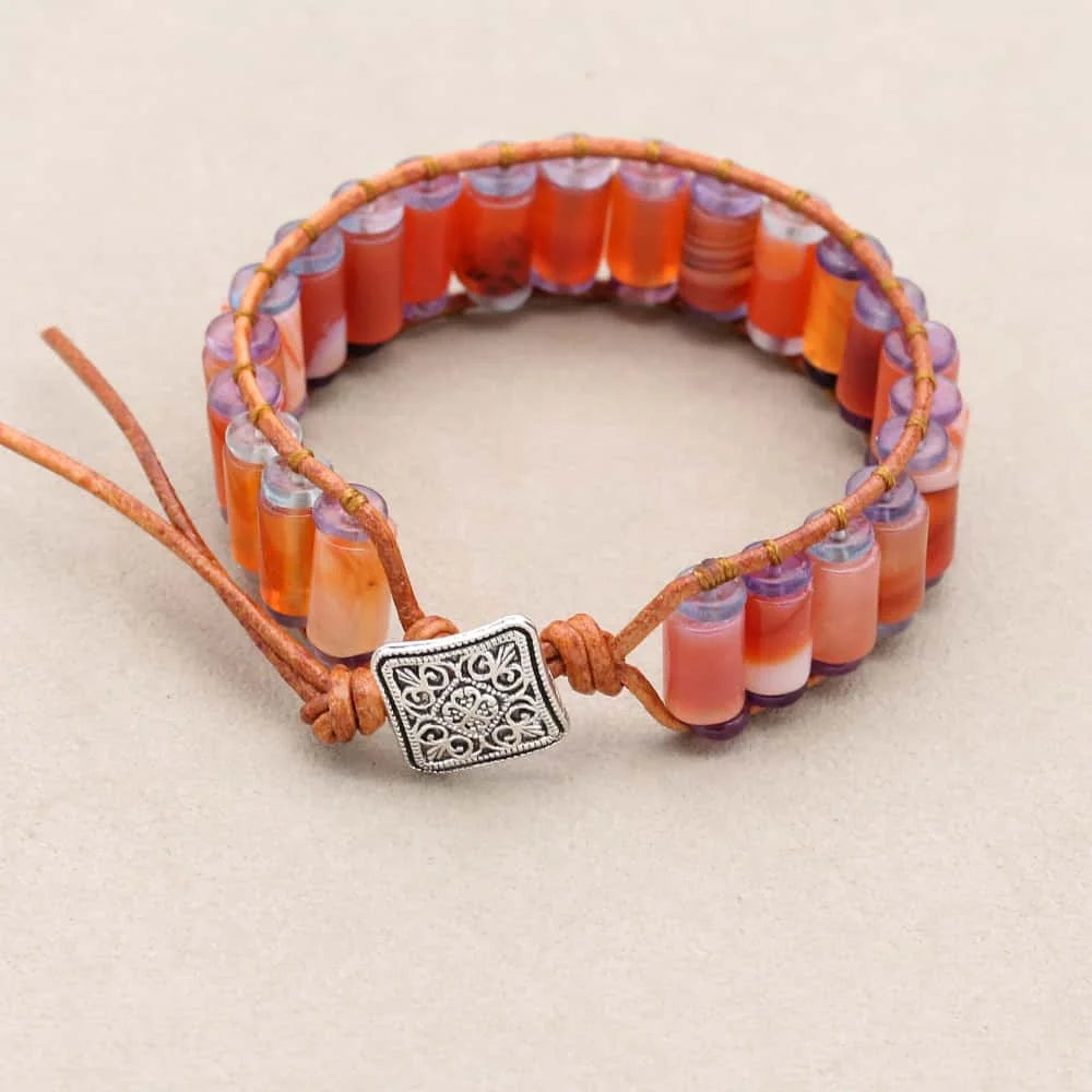Vitality and Clarity: Red Agate Tube Fluorite Woven Leather Bracelet