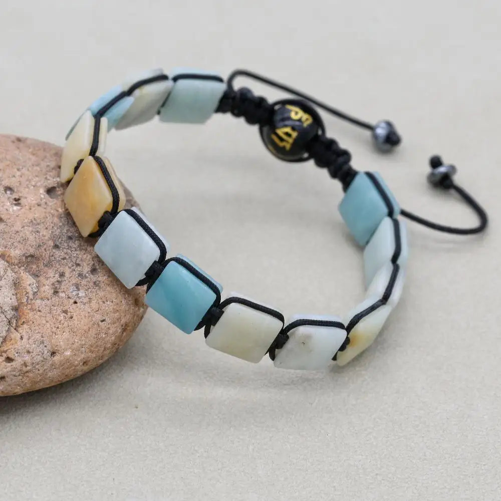 Handmade 10mm Square Amazonite Braided Bracelet Unisex Spiritual Mantra Jewelry Adjustable