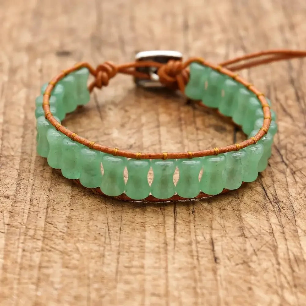 Prosperity and Luck Green Aventurine Bamboo Joint Leather Wrap Bracelet