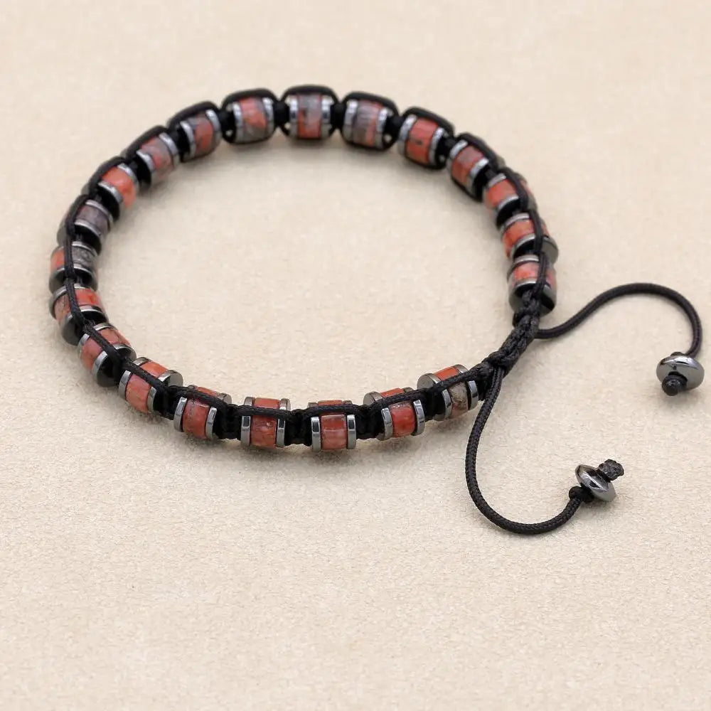 Natural Sesame Red Stone and Hematite Beaded Braided Bracelet